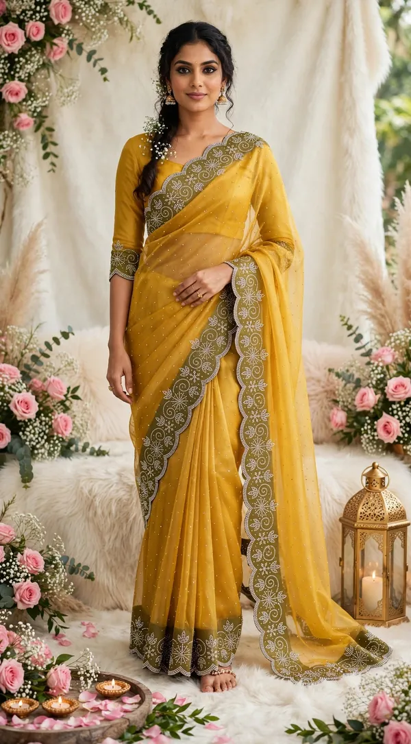 Mustard_Twill_Net_Saree_For_Women