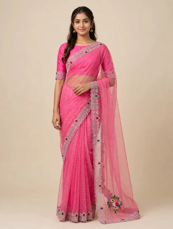 Pink_Twill_Net_Saree_For_Women