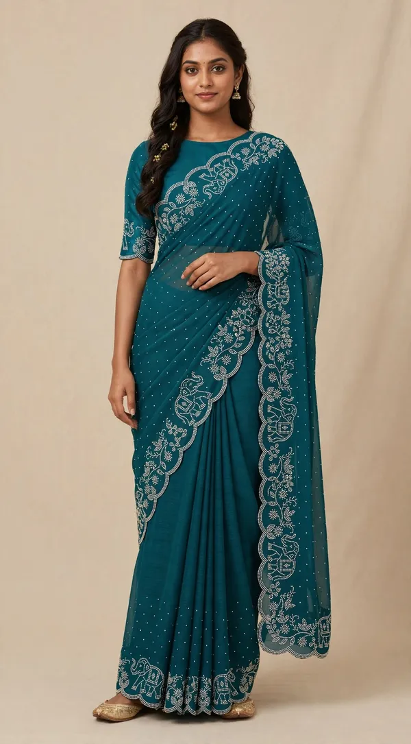 Teal_Twill_Net_Saree_For_Women