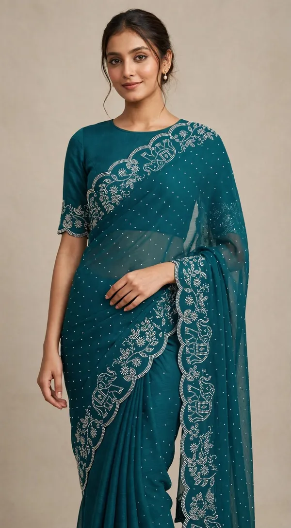 Teal_Twill_Net_Saree_For_Women