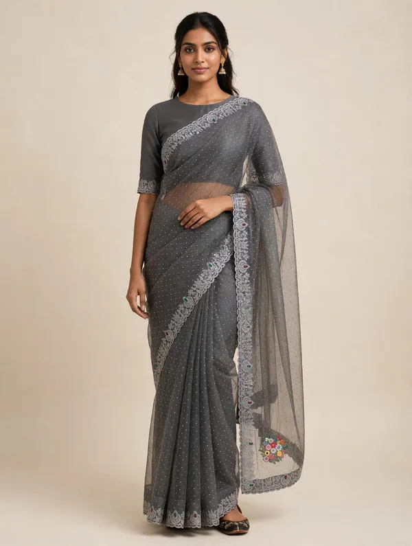 Grey_Twill_Net_Saree_For_Women