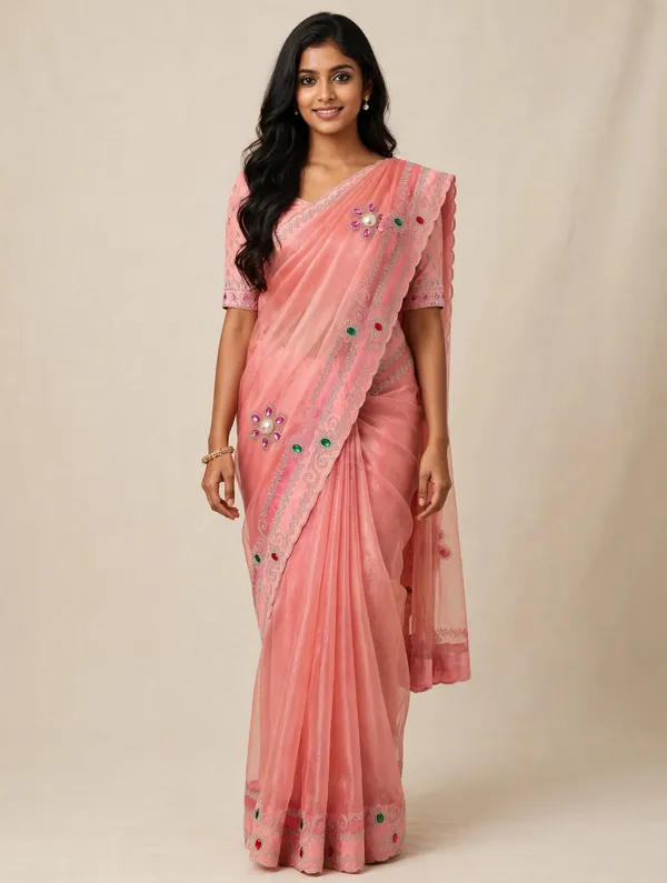Pink_Twill_Net_Saree_For_Women