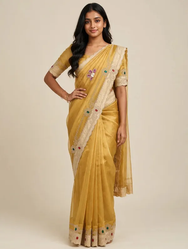 Gold_Twill_Net_Saree_For_Women
