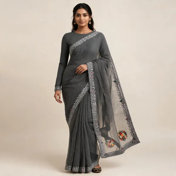 Grey_Twill_Net_Saree_For_Women