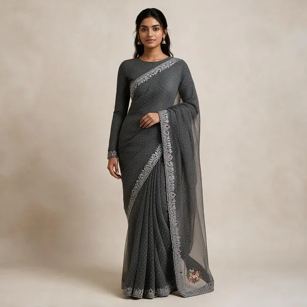 Grey_Twill_Net_Saree_For_Women