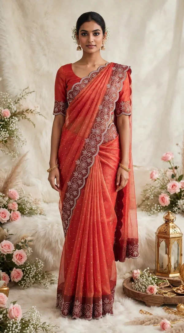 Red_Twill_Net_Saree_For_Women