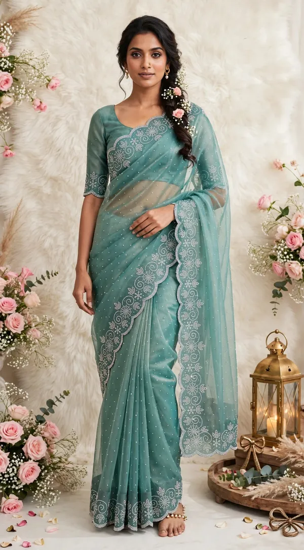 Teal_Twill_Net_Saree_For_Women