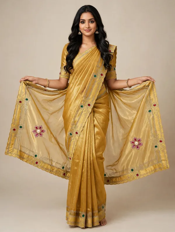 Gold_Twill_Net_Saree_For_Women