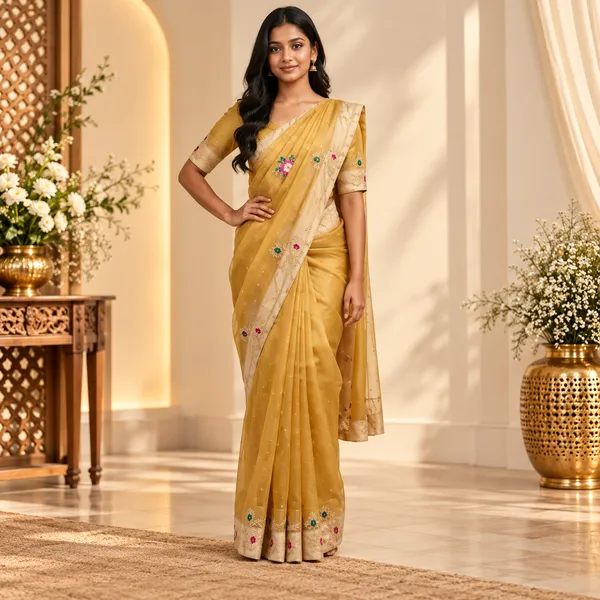Gold_Twill_Net_Saree_For_Women