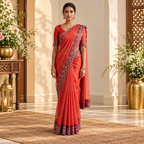 Red_Twill_Net_Saree_For_Women