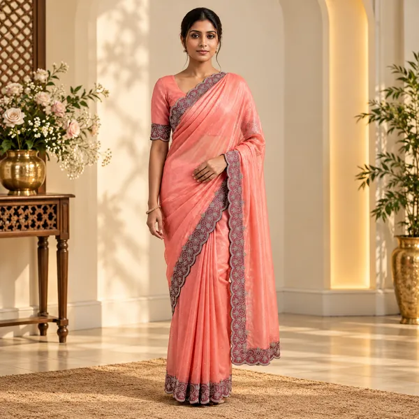 Peach_Twill_Net_Saree_For_Women