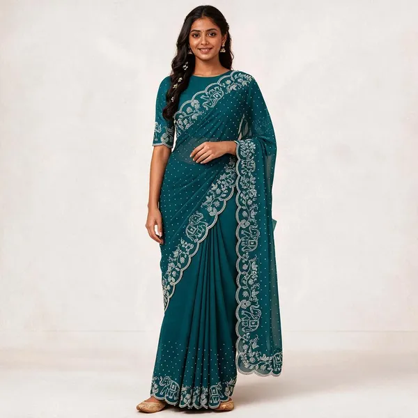 Teal_Twill_Net_Saree_For_Women