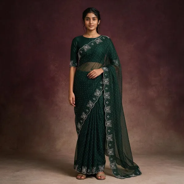 Green_Twill_Net_Saree_For_Women