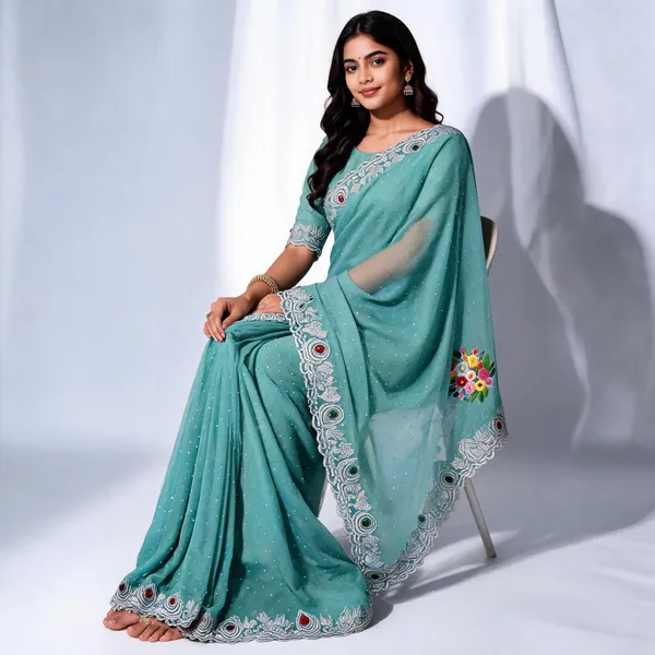 Sea_Green_Twill_Net_Saree_For_Women