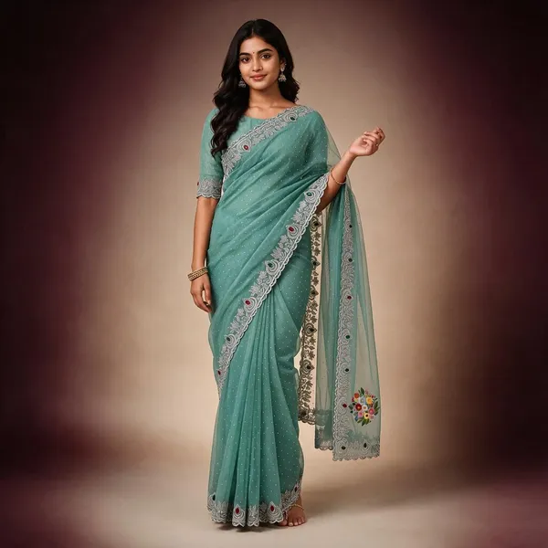 Sea_Green_Twill_Net_Saree_For_Women