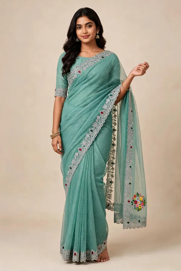Sea_Green_Twill_Net_Saree_For_Women