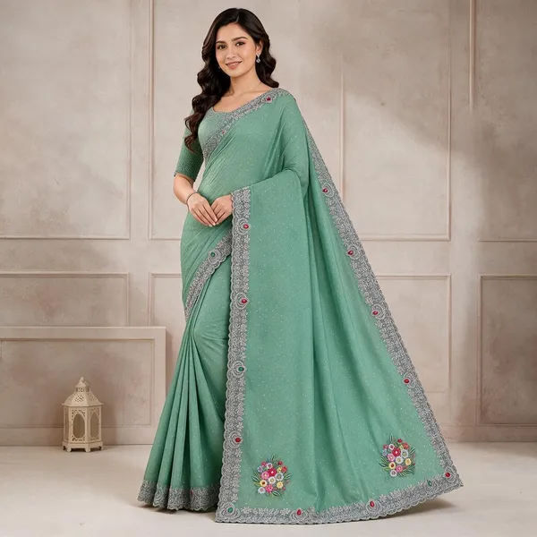 Mint_Green_Twill_Net_Saree_For_Women