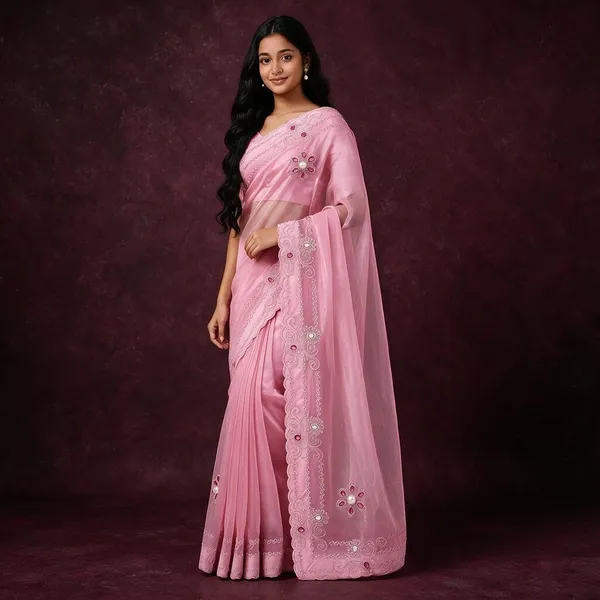 Pink_Twill_Net_Saree_For_Women
