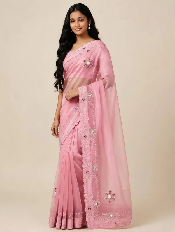 Pink_Twill_Net_Saree_For_Women