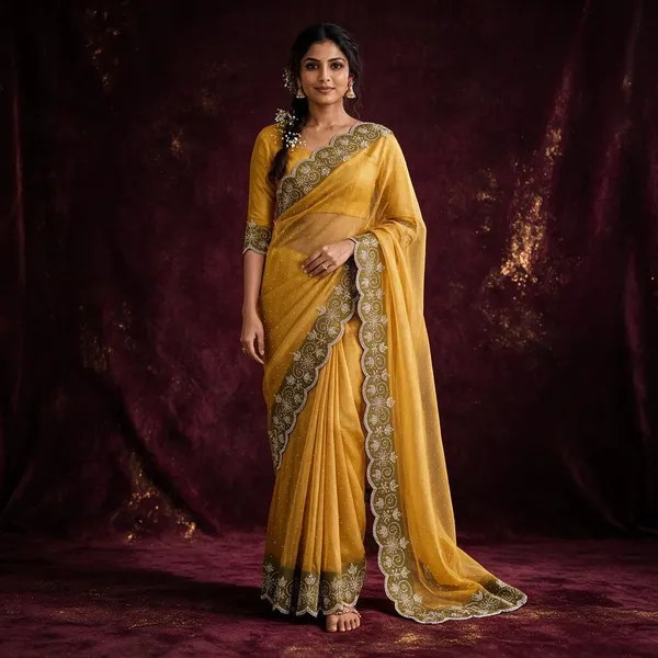Mustard_Twill_Net_Saree_For_Women