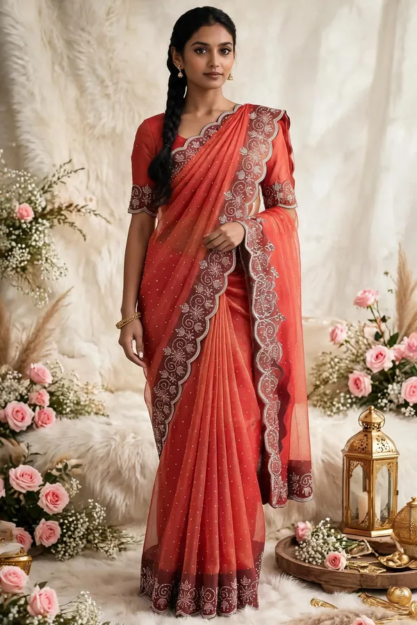 Red_Twill_Net_Saree_For_Women