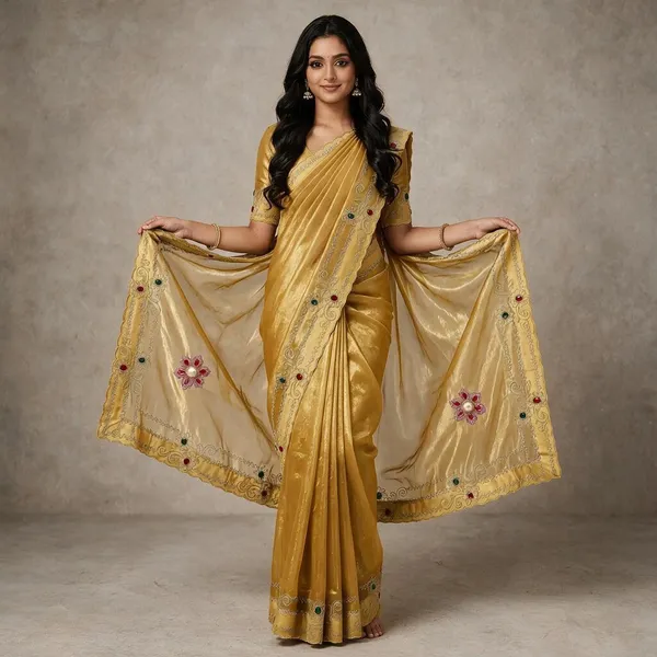 Gold_Twill_Net_Saree_For_Women