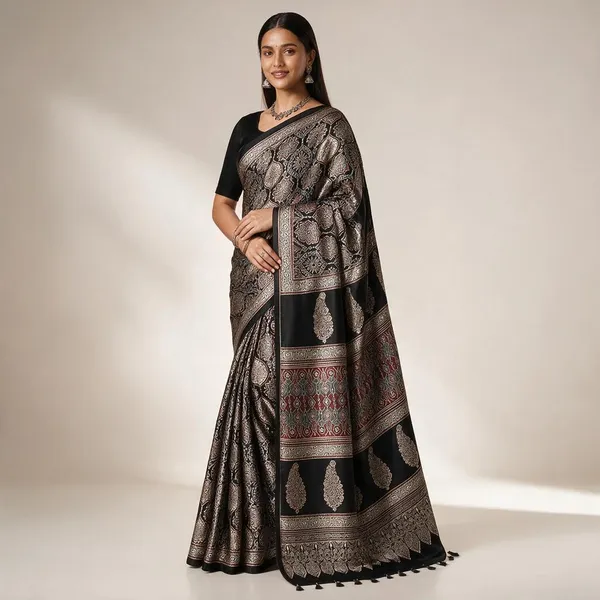 Black_&_Grey_Ajrakh__Silk_Saree