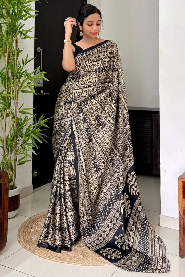 Black_Cat_Modal_Satin_Kalamkari_Printed_Saree