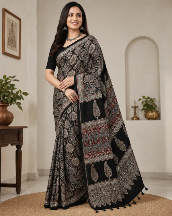Black_&_Grey_Ajrakh__Silk_Saree