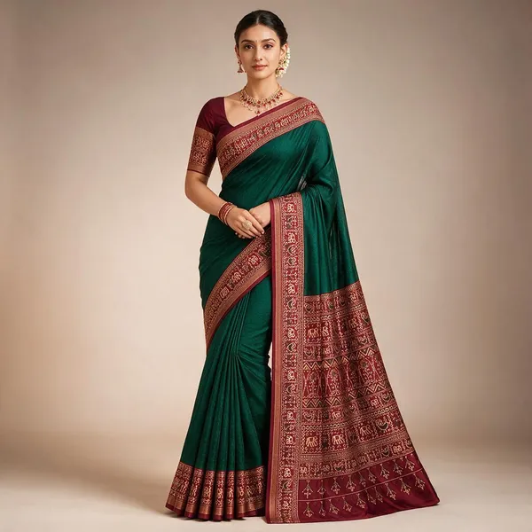 Traditional_Patola_Border_Saree_with_Plain_Body_Dola_Silk_Saree_-_Green