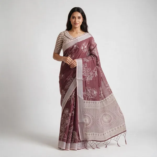 Premium_Maroon_Floral_Printed_Linen_Cotton_Saree