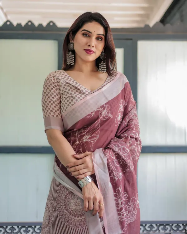 Premium_Maroon_Floral_Printed_Linen_Cotton_Saree