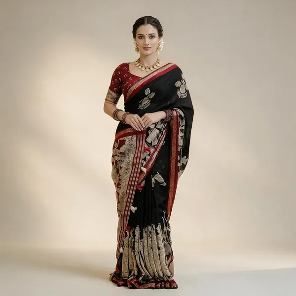 RUKMINI_:_JAIPUR_BLACK__MUL_COTTON_KALAMKARI_SAREE