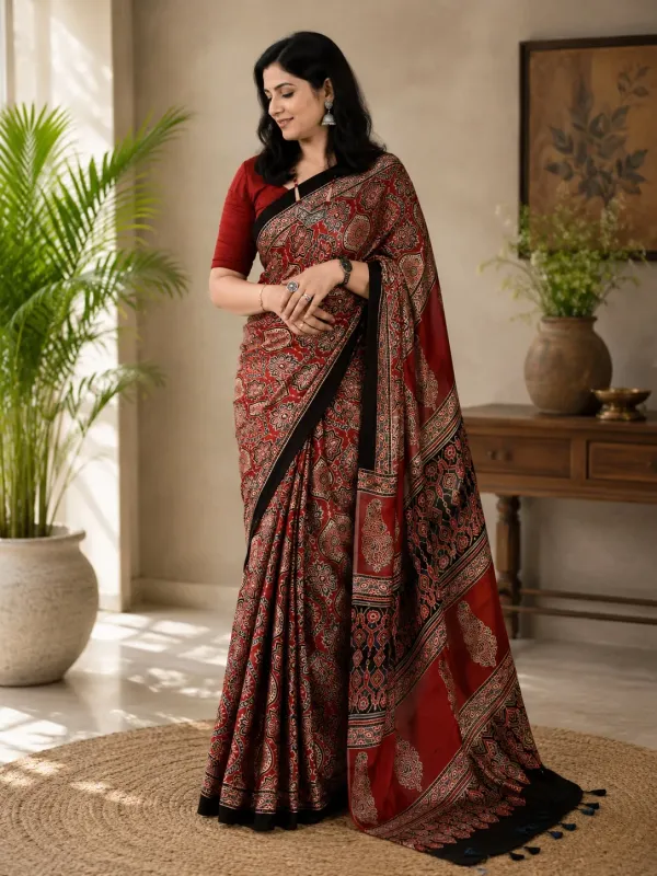 Red_and_Black_Ajrakh_Silk_Saree