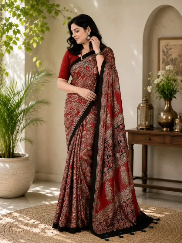 Red_and_Black_Ajrakh_Silk_Saree