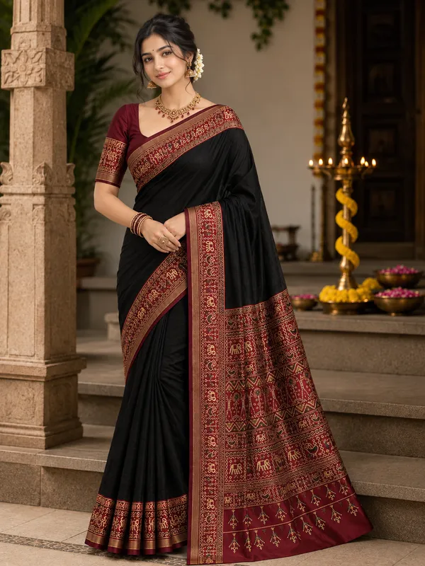 Traditional_Patola_Border_Saree_with_Plain_Body_Dola_Silk_Saree_-_Black