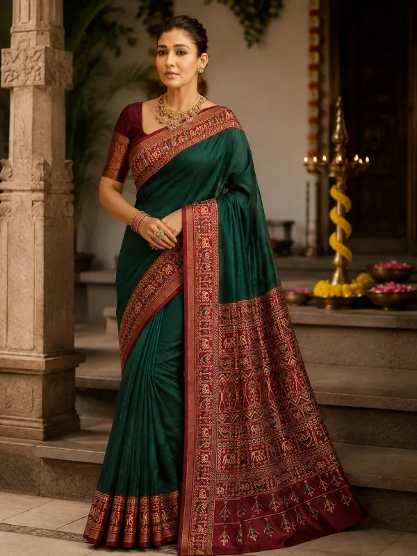 Traditional_Patola_Border_Saree_with_Plain_Body_Dola_Silk_Saree_-_Green