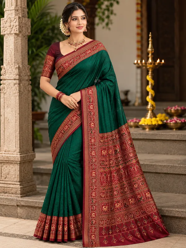 Traditional_Patola_Border_Saree_with_Plain_Body_Dola_Silk_Saree_-_Green
