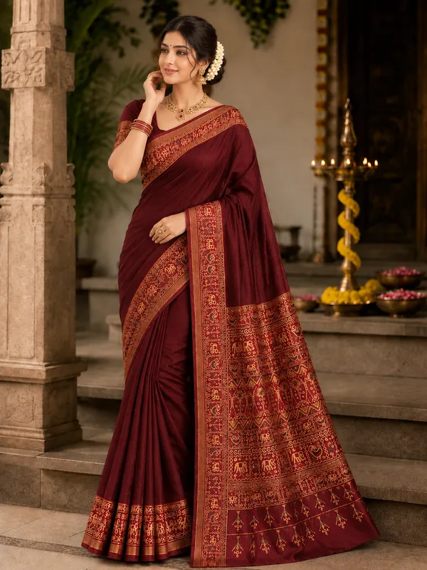 Traditional_Patola_Border_Saree_with_Plain_Body_Dola_Silk_Saree_-_Red