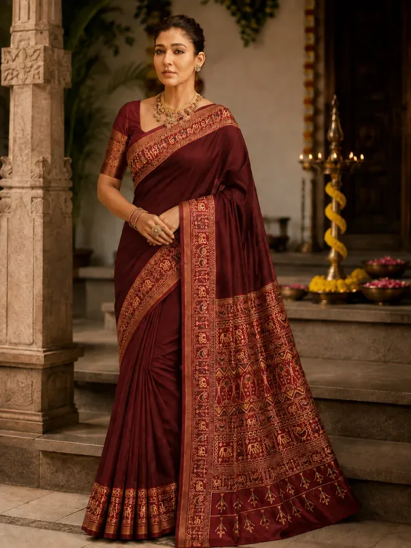 Traditional_Patola_Border_Saree_with_Plain_Body_Dola_Silk_Saree_-_Red