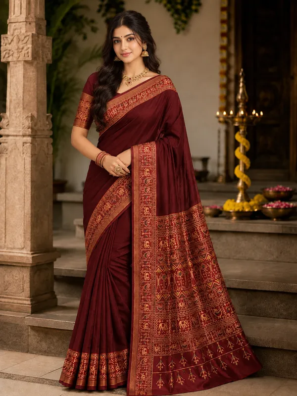 Traditional_Patola_Border_Saree_with_Plain_Body_Dola_Silk_Saree_-_Red