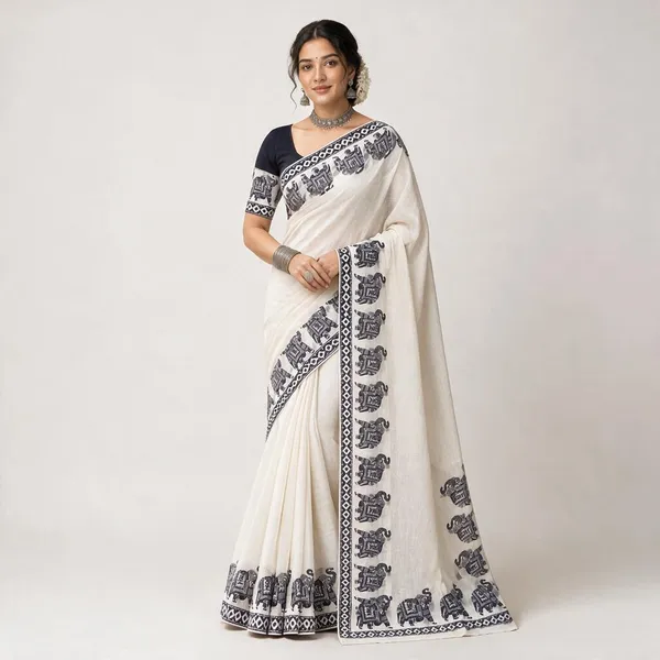 White_Elephant_Design_Cotton_Linen_Printed_Saree