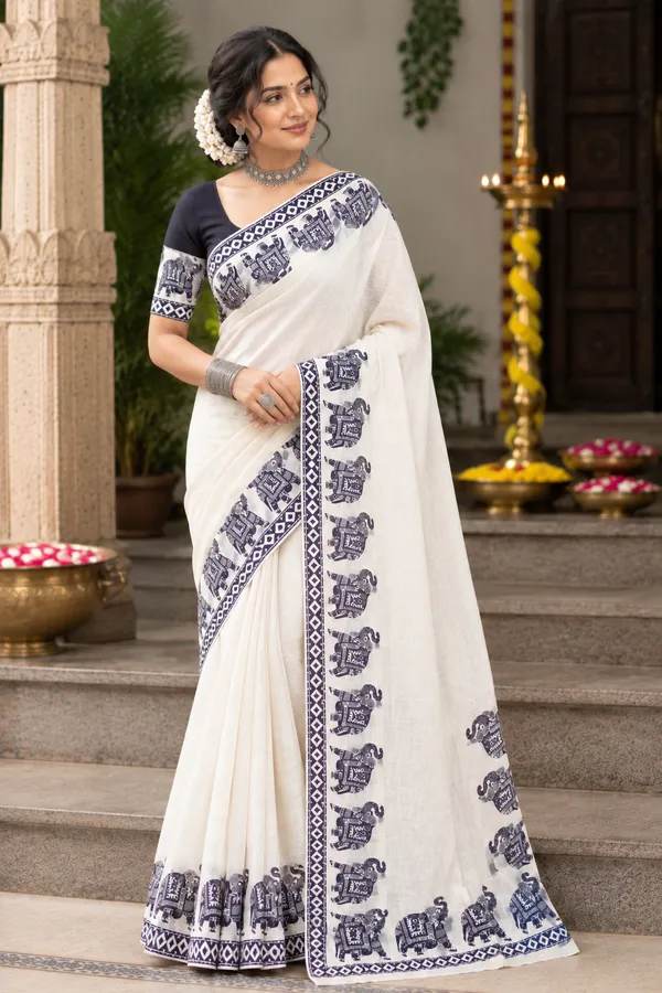 White_Elephant_Design_Cotton_Linen_Printed_Saree