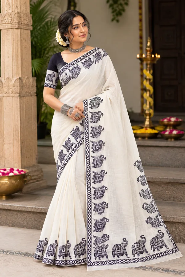 White_Elephant_Design_Cotton_Linen_Printed_Saree