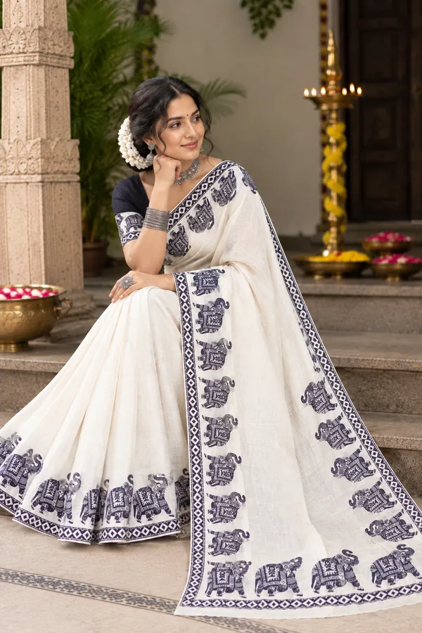White_Elephant_Design_Cotton_Linen_Printed_Saree
