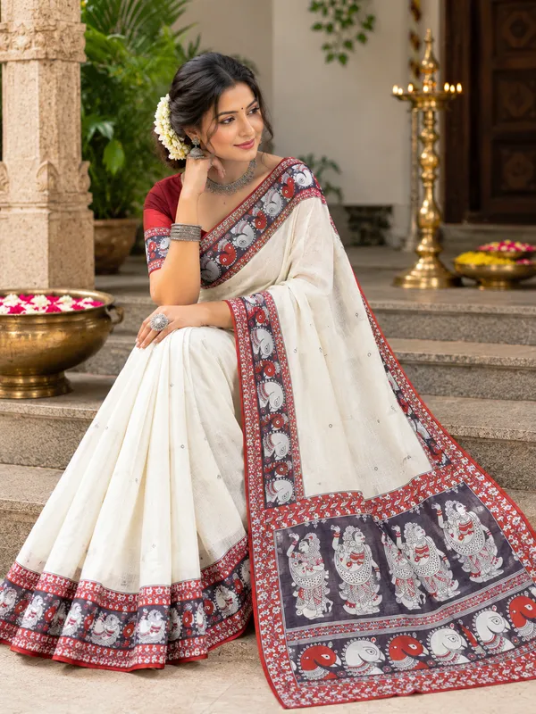White_Kalamkari__Design_Cotton_Linen_Printed_Saree