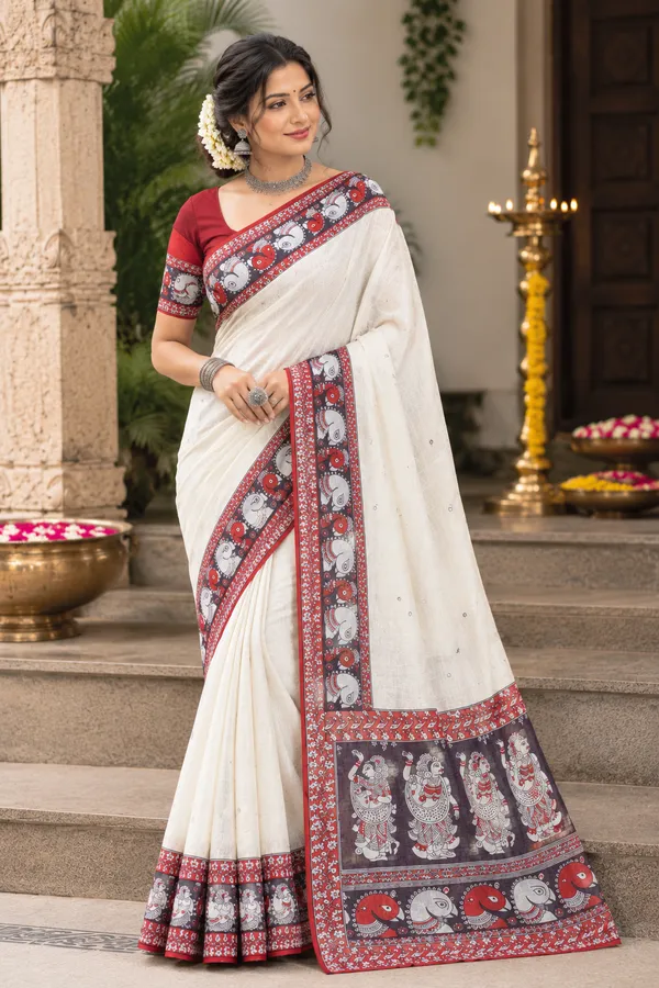White_Kalamkari__Design_Cotton_Linen_Printed_Saree