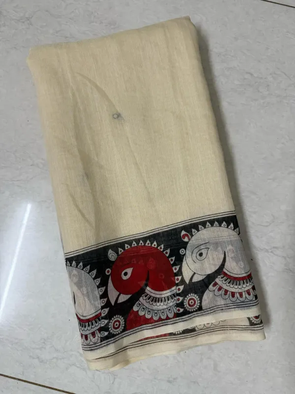 White_Kalamkari__Design_Cotton_Linen_Printed_Saree