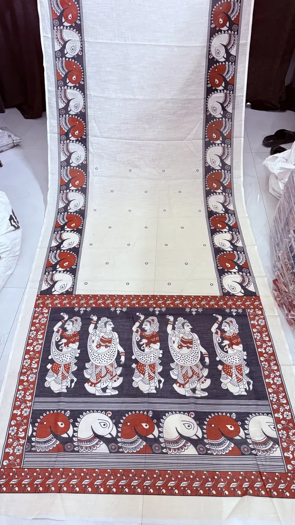 White_Kalamkari__Design_Cotton_Linen_Printed_Saree