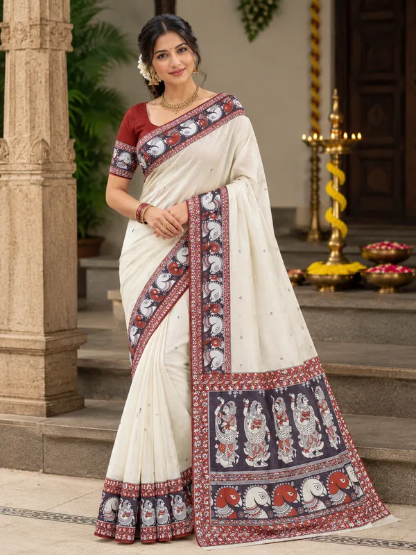 White_Kalamkari__Design_Cotton_Linen_Printed_Saree